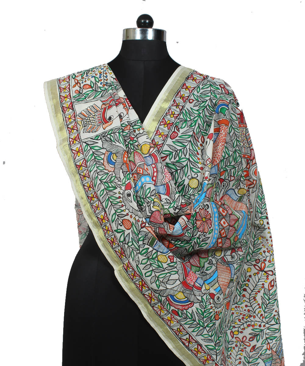 White madhubani dupatta