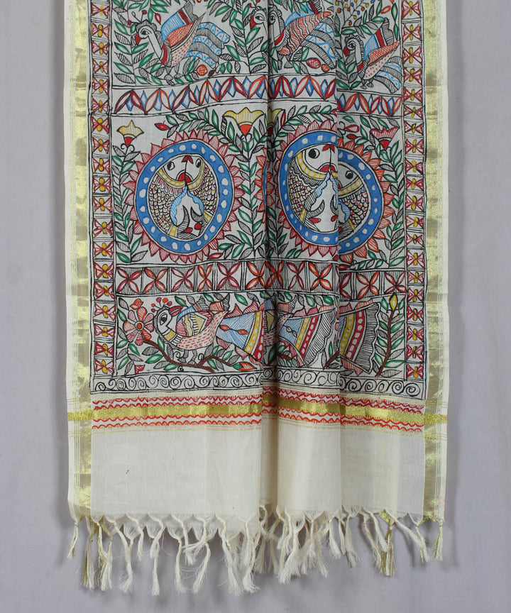 White madhubani dupatta