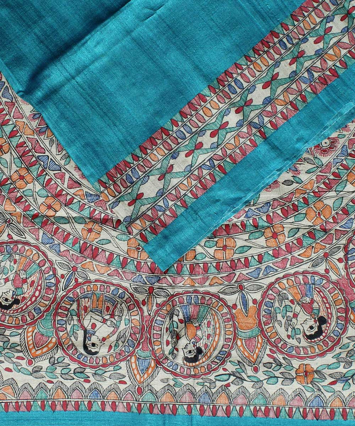 Cyan blue tussar silk hand painted madhubani saree