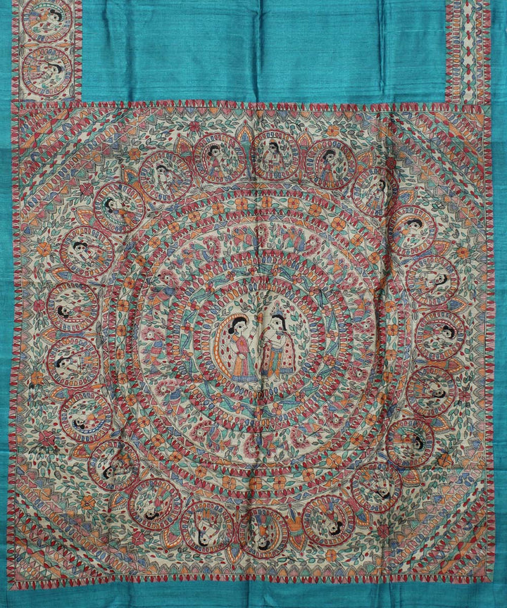 Cyan blue tussar silk hand painted madhubani saree