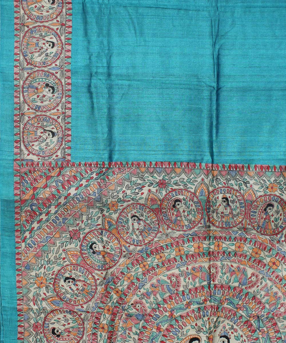 Cyan blue tussar silk hand painted madhubani saree