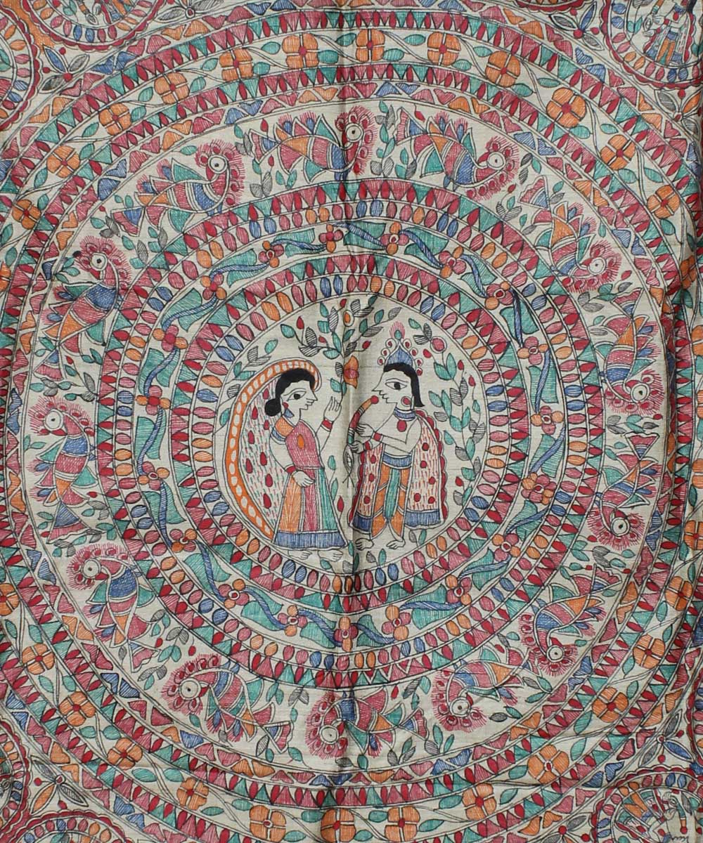 Cyan blue tussar silk hand painted madhubani saree