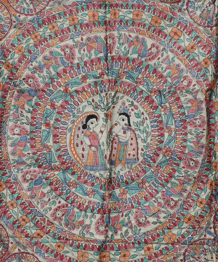 Cyan blue tussar silk hand painted madhubani saree