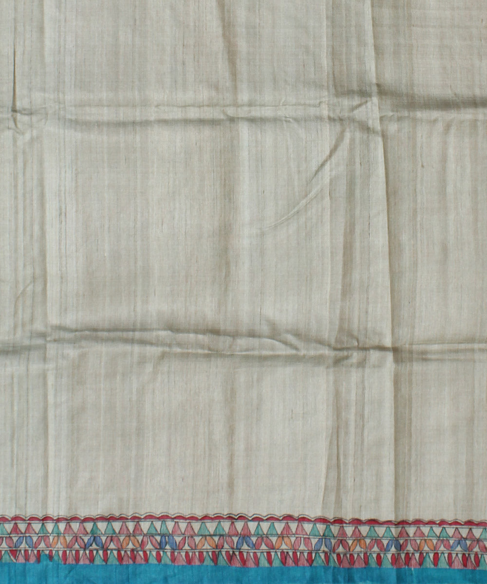 Cyan blue tussar silk hand painted madhubani saree