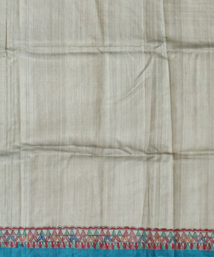 Cyan blue tussar silk hand painted madhubani saree