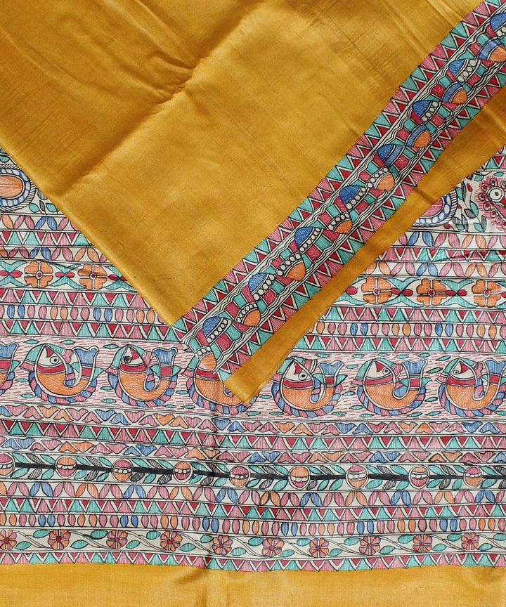 Yellow tussar silk hand painted madhubani saree