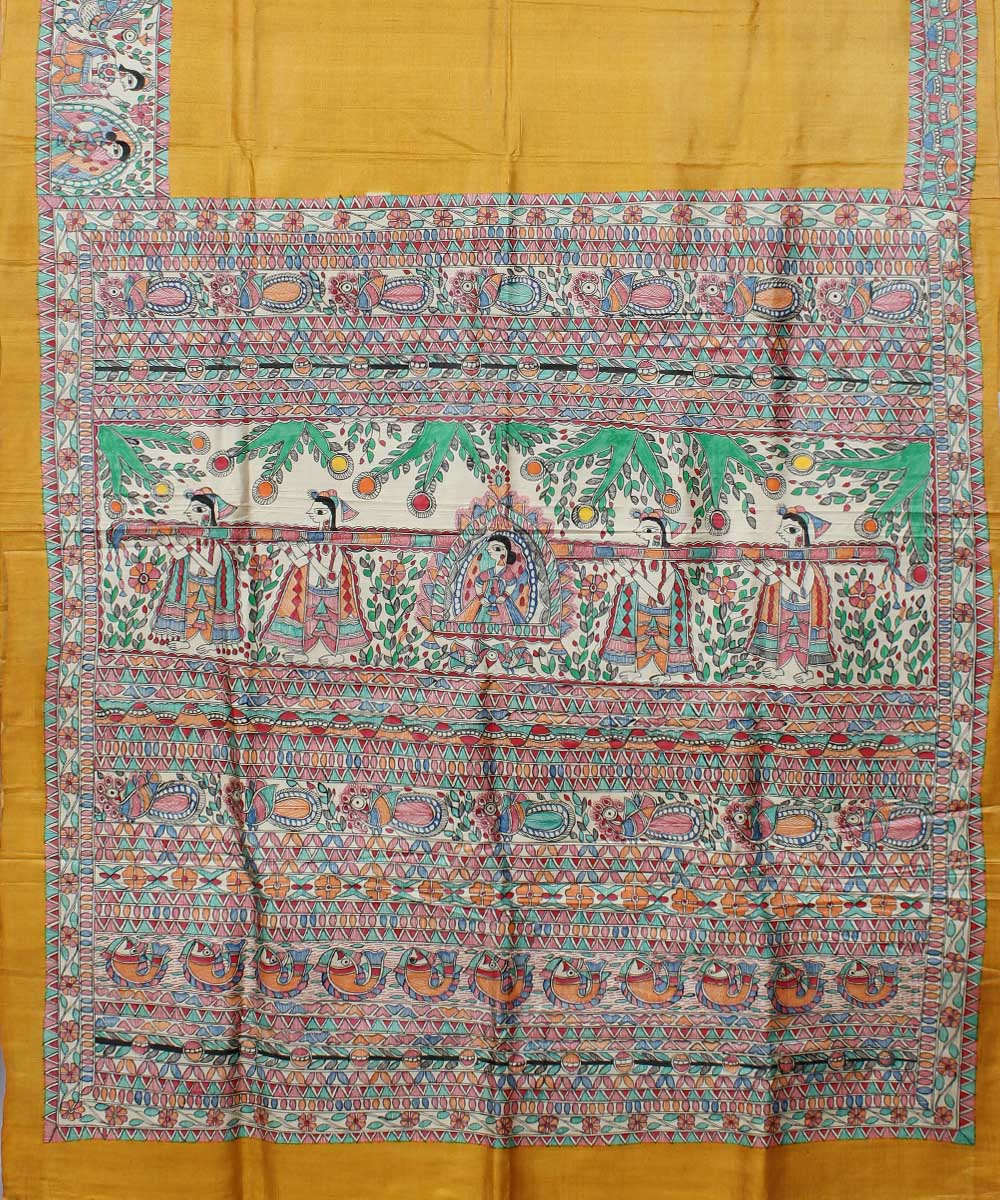Yellow tussar silk hand painted madhubani saree