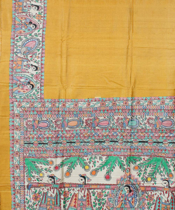 Yellow tussar silk hand painted madhubani saree