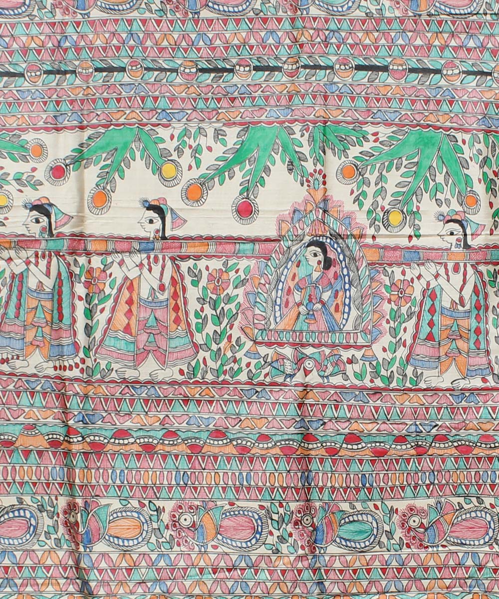 Yellow tussar silk hand painted madhubani saree