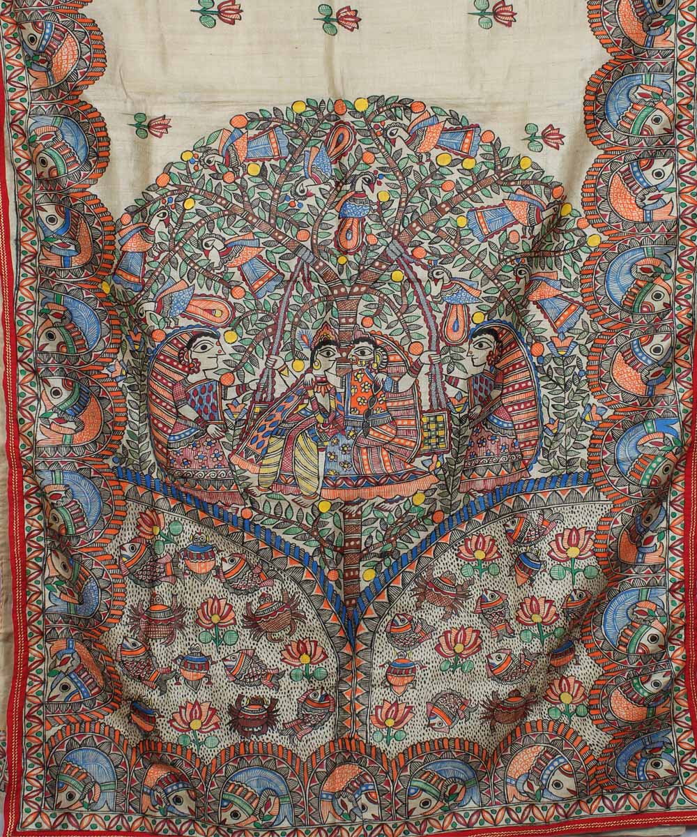 Beige tussar silk hand painted madhubani saree