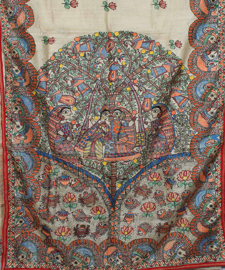 Beige tussar silk hand painted madhubani saree