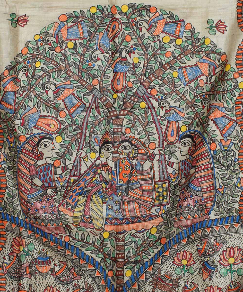 Beige tussar silk hand painted madhubani saree