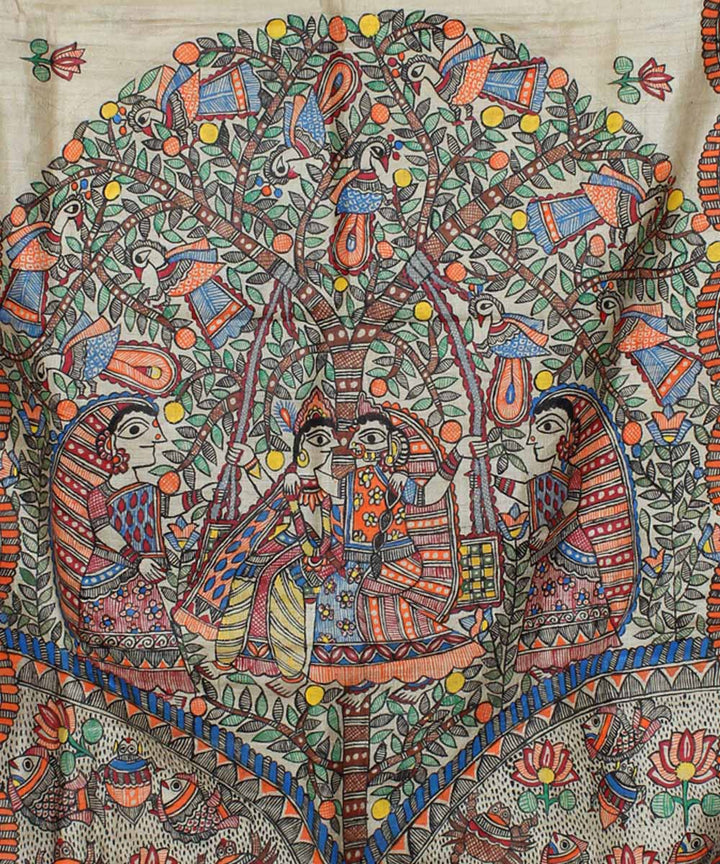 Beige tussar silk hand painted madhubani saree