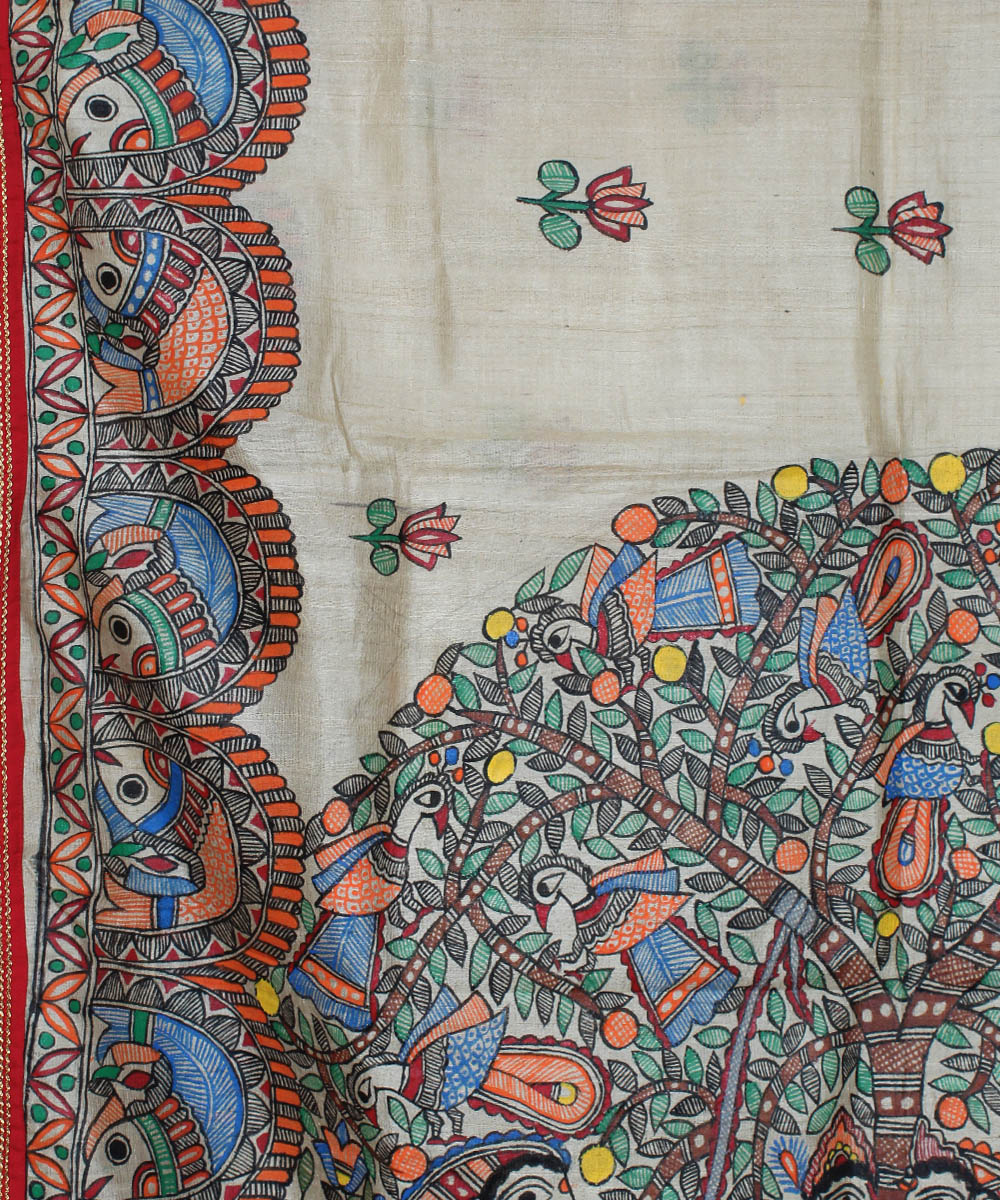Beige tussar silk hand painted madhubani saree