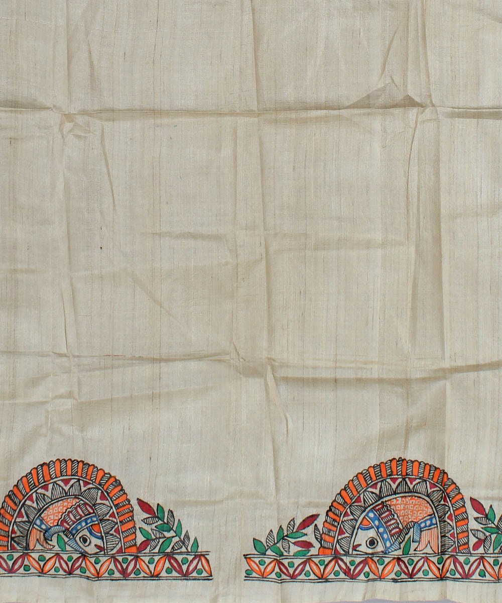 Beige tussar silk hand painted madhubani saree
