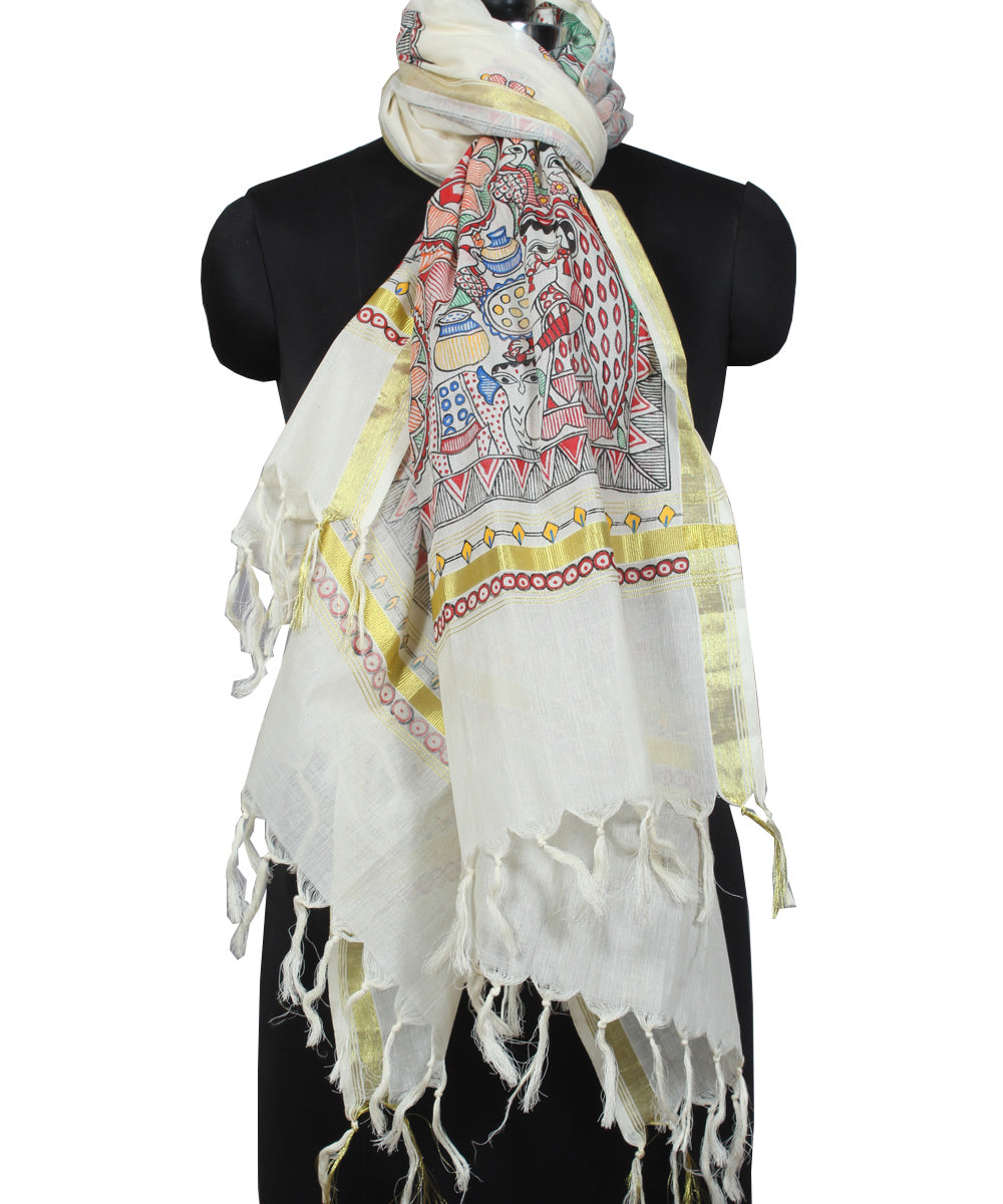 Off white hand painted madhubani painting dupatta