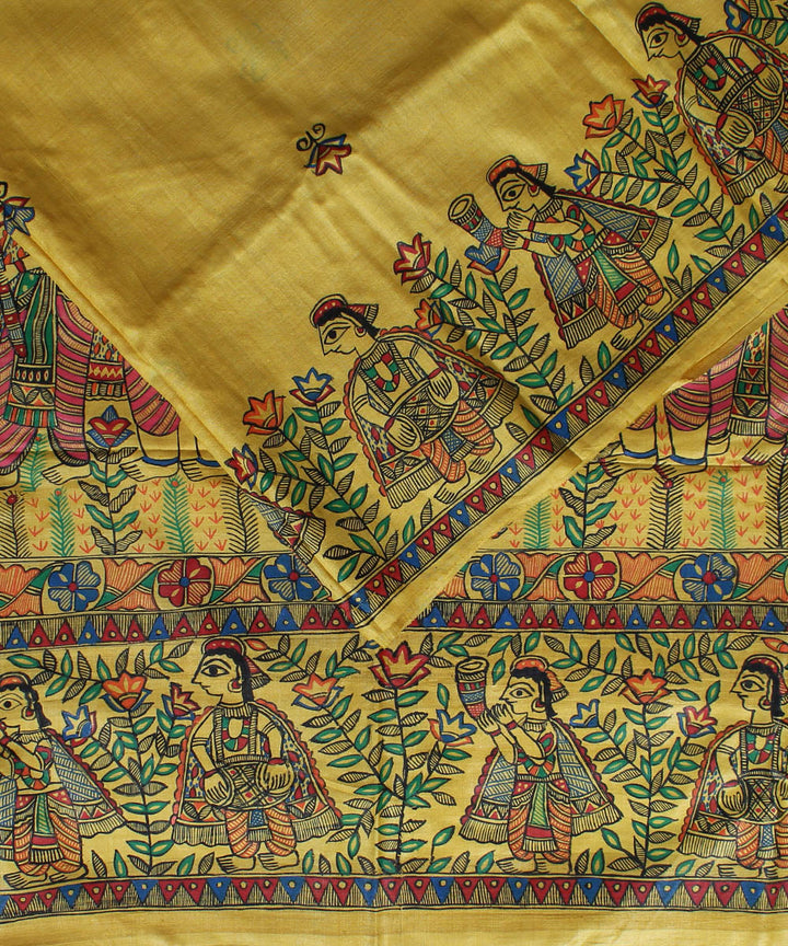 Cream beige tussar silk saree with handpainted madhubani art