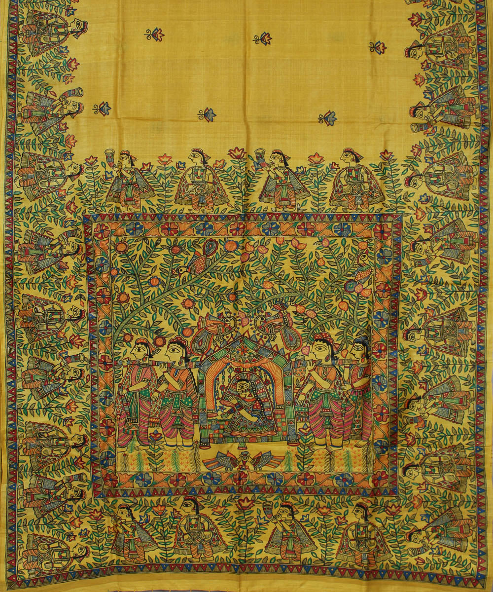 Cream beige tussar silk saree with handpainted madhubani art