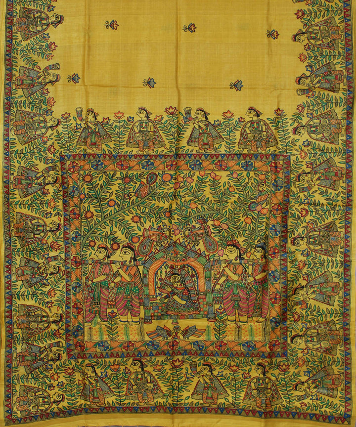 Cream beige tussar silk saree with handpainted madhubani art