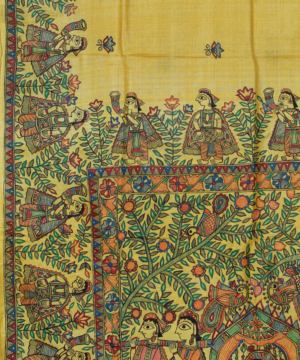 Cream beige tussar silk saree with handpainted madhubani art