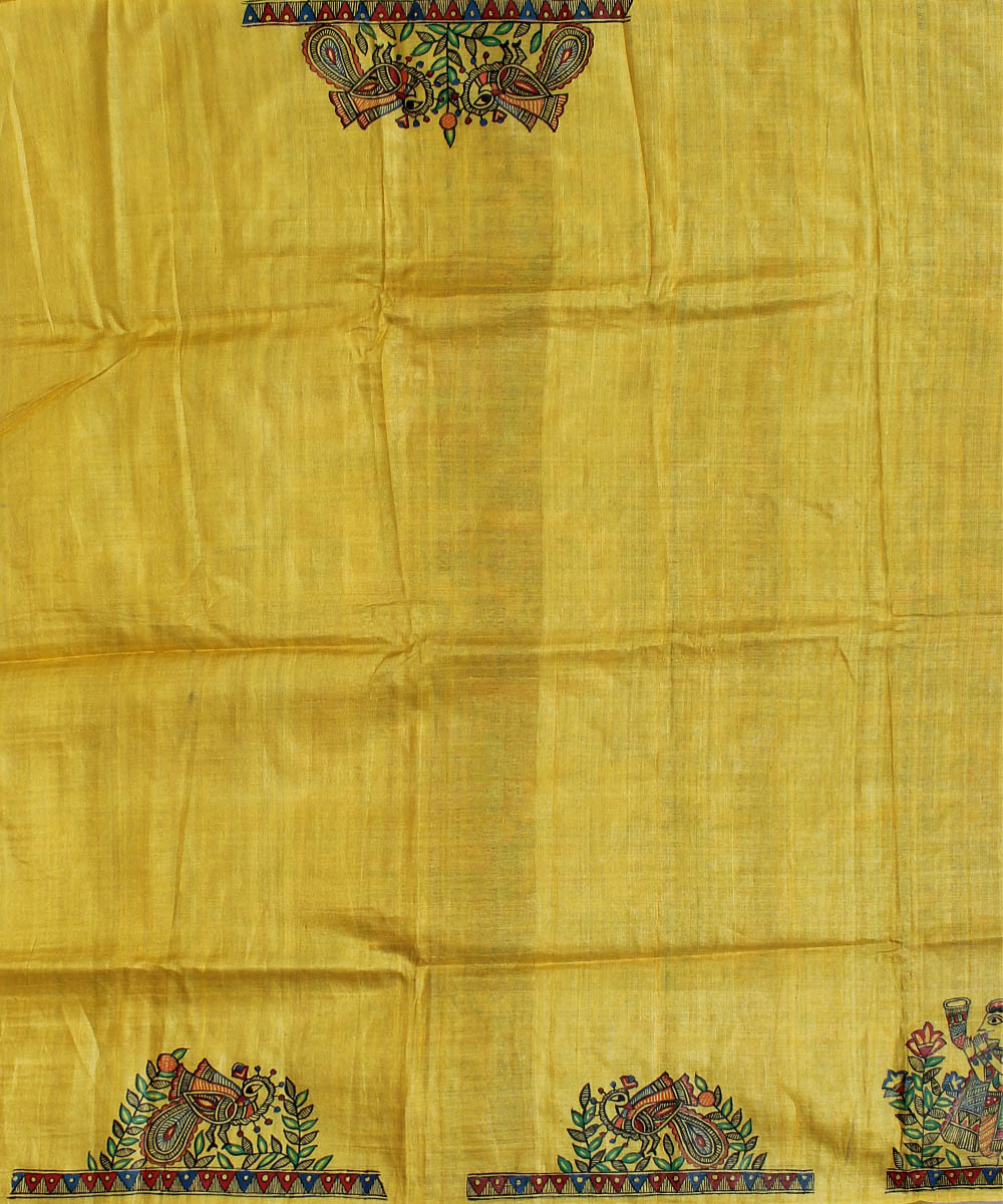 Cream beige tussar silk saree with handpainted madhubani art