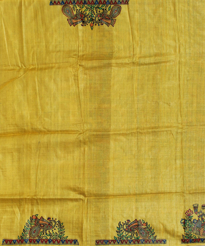Cream beige tussar silk saree with handpainted madhubani art