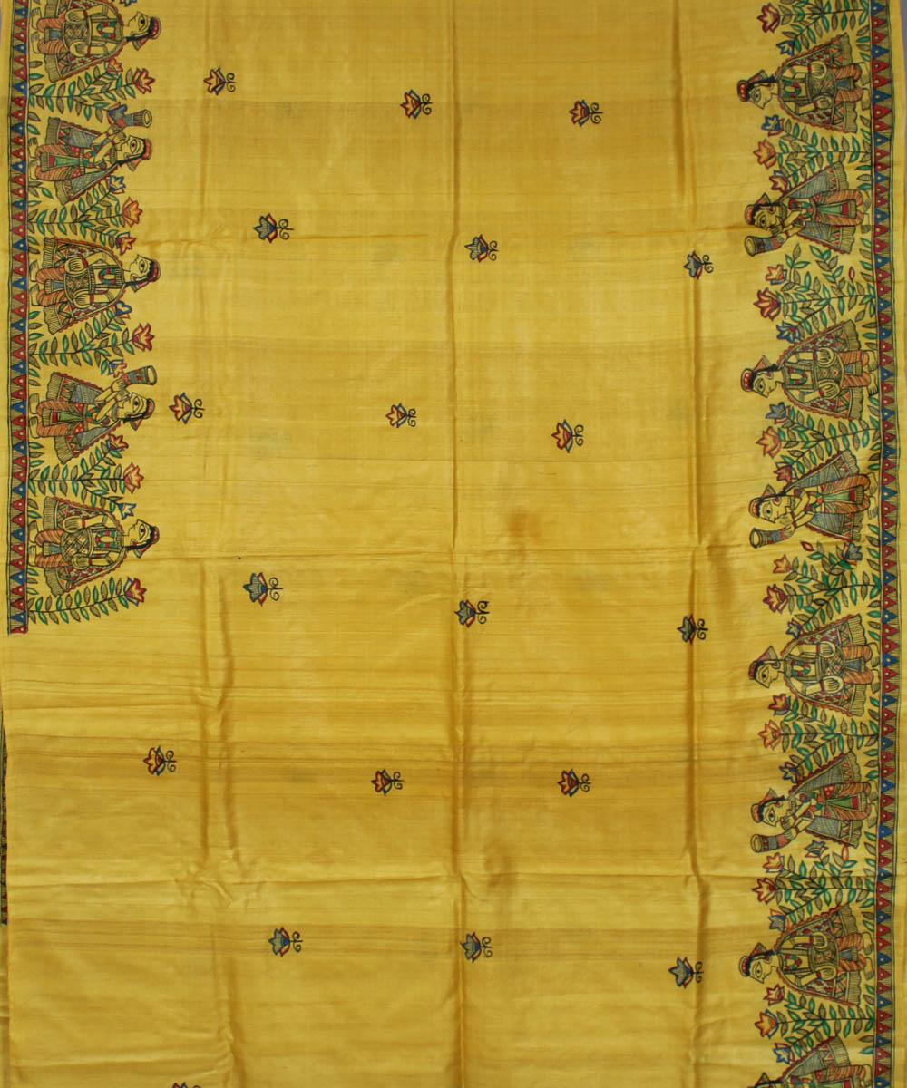 Cream beige tussar silk saree with handpainted madhubani art