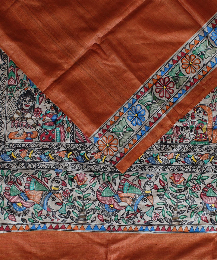 Brown tussar silk saree with handpainted madhubani art