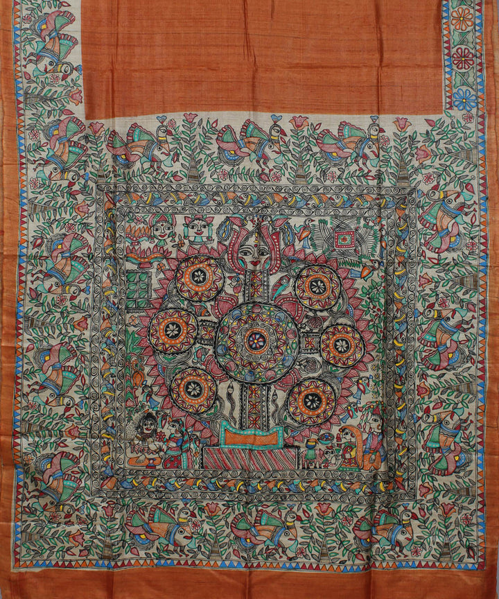 Brown tussar silk saree with handpainted madhubani art