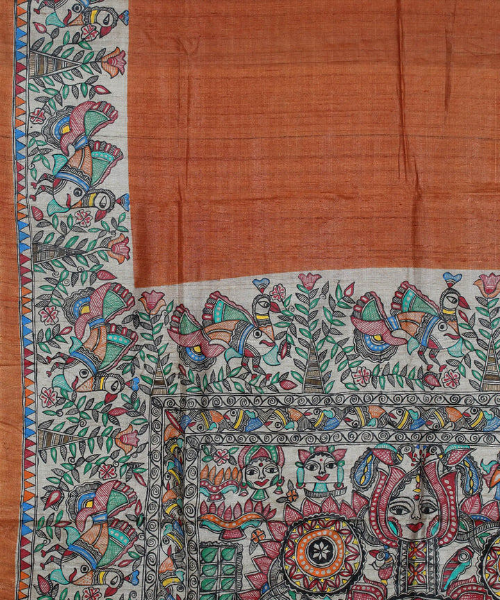 Brown tussar silk saree with handpainted madhubani art
