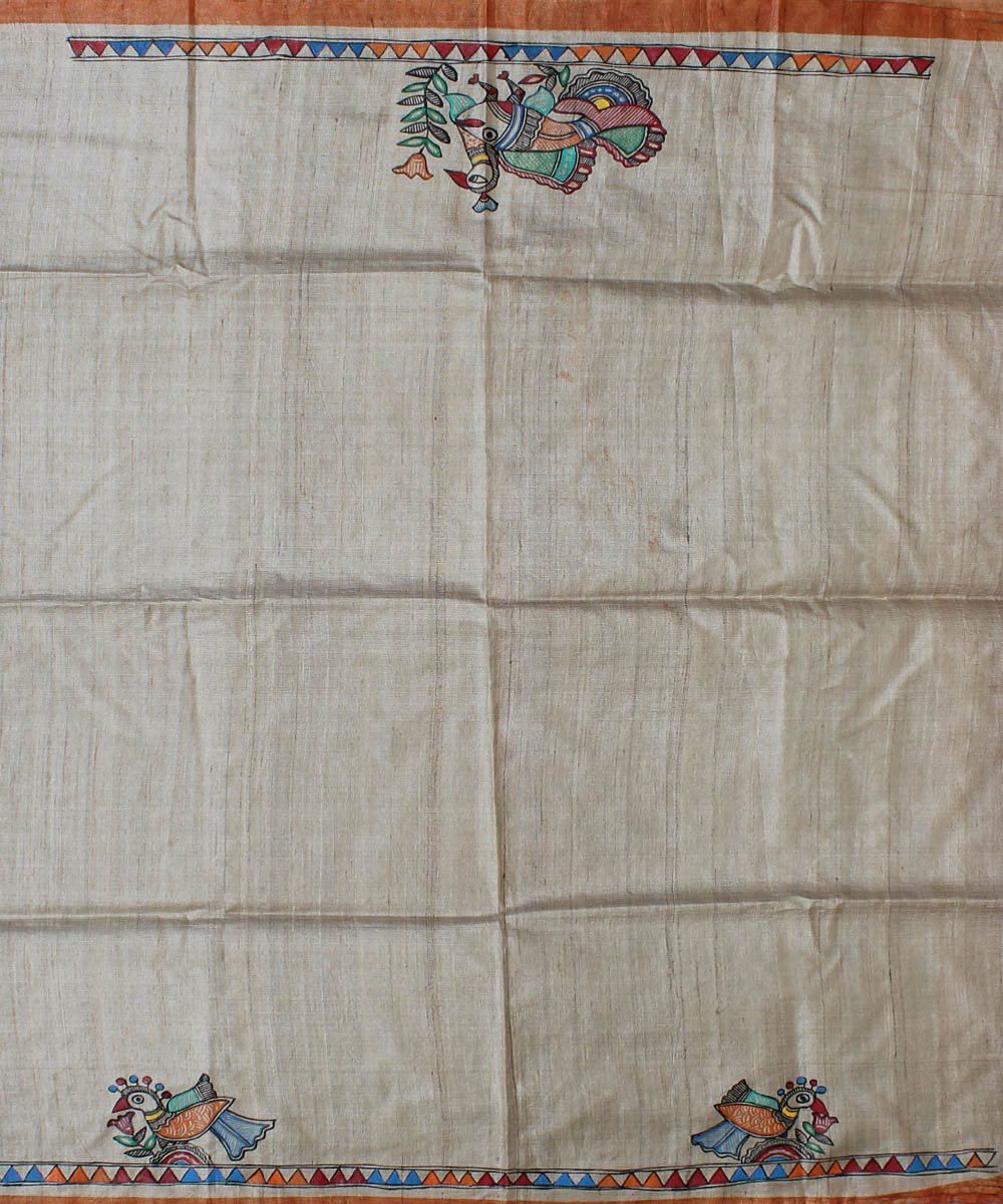 Brown tussar silk saree with handpainted madhubani art
