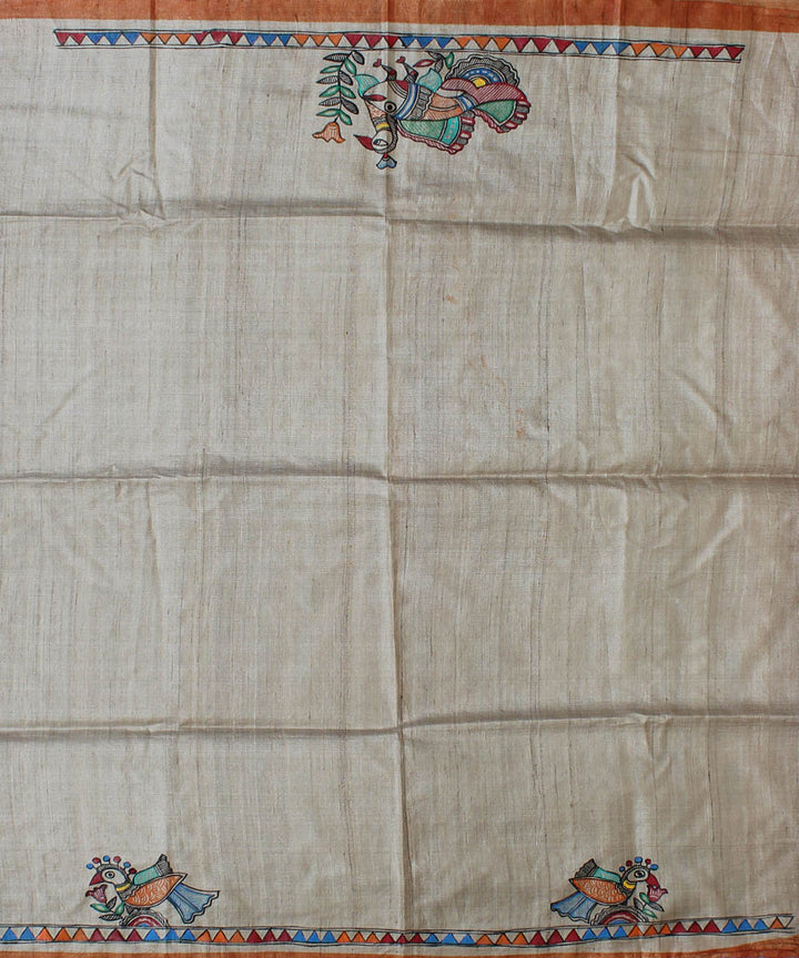 Brown tussar silk saree with handpainted madhubani art