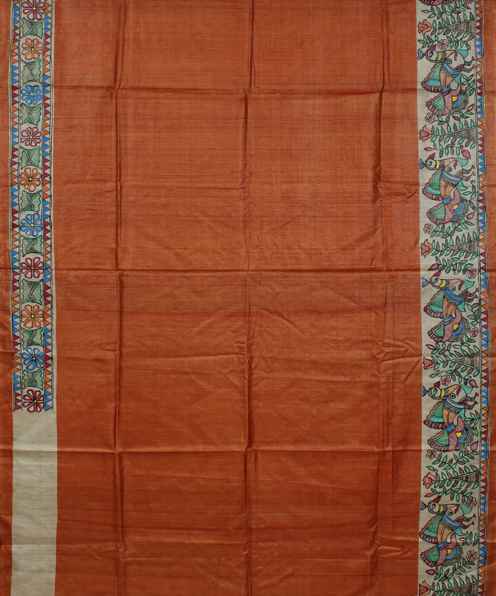 Brown tussar silk saree with handpainted madhubani art