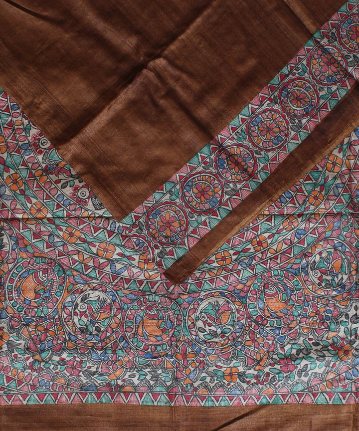 Pale brown tussar silk saree with handpainted madhubani art