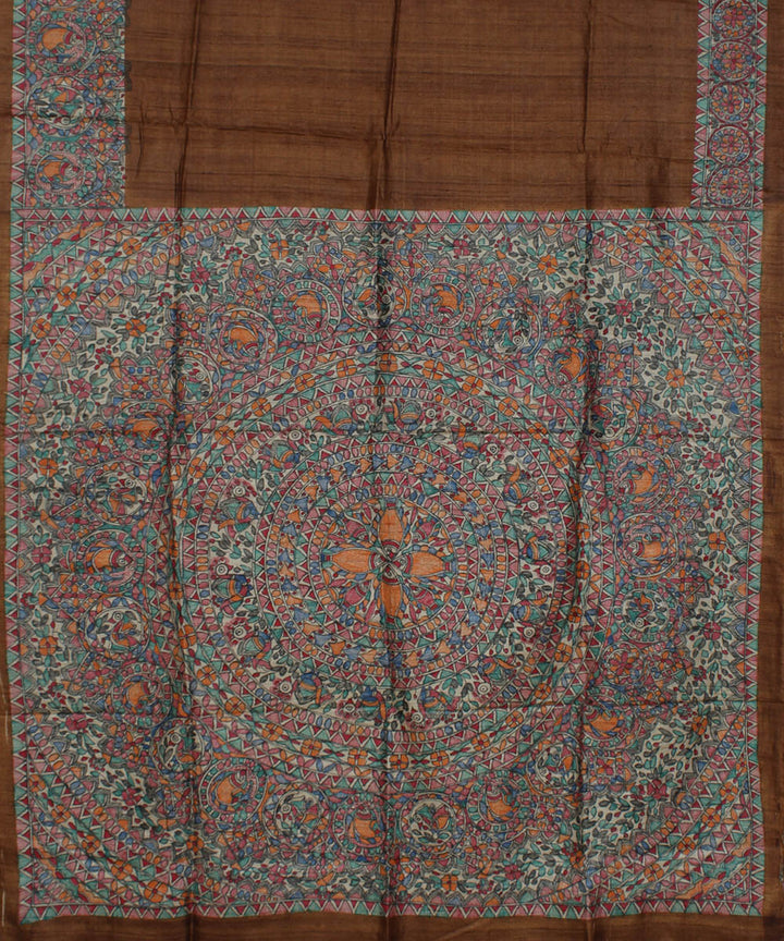 Pale brown tussar silk saree with handpainted madhubani art