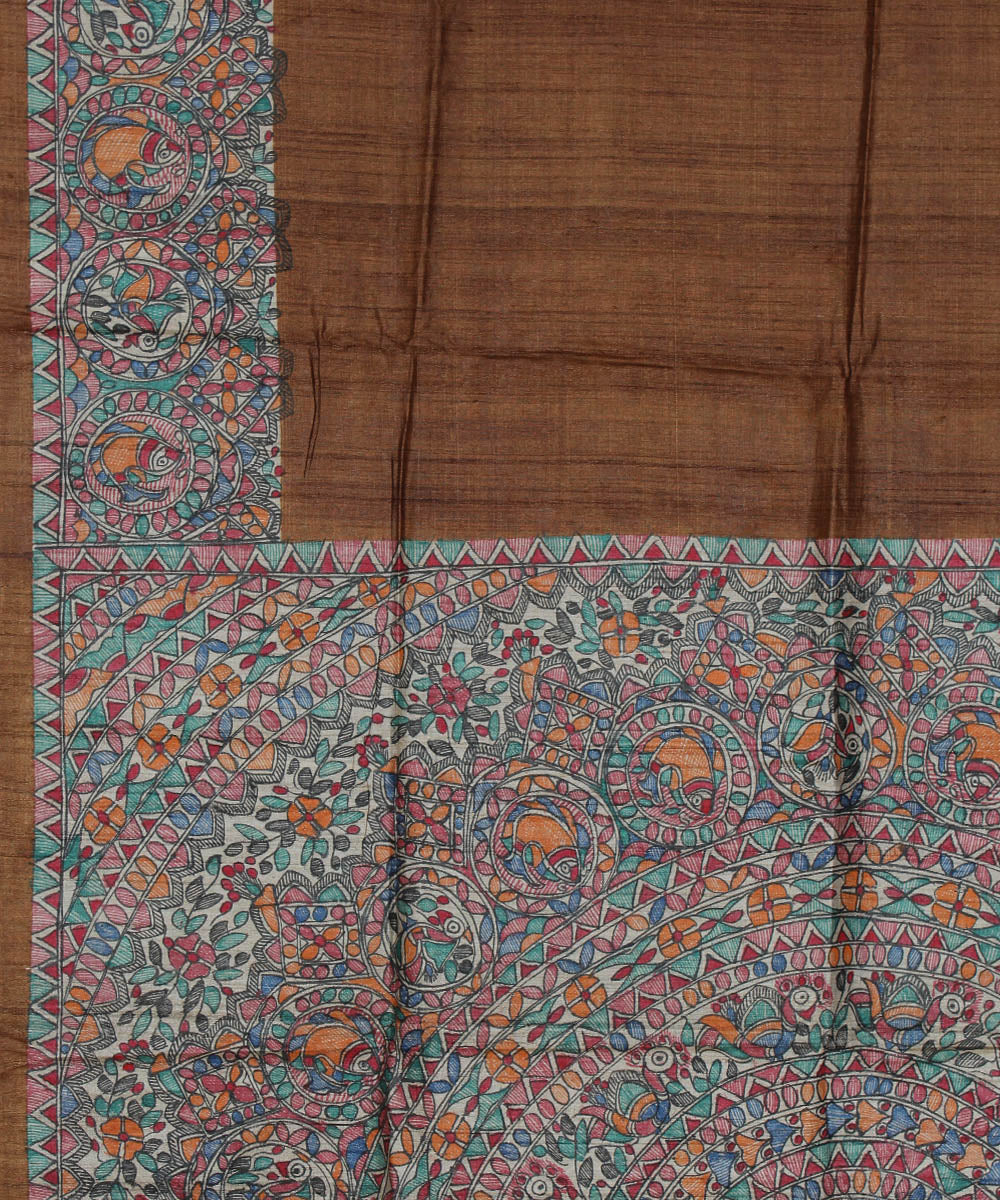 Pale brown tussar silk saree with handpainted madhubani art