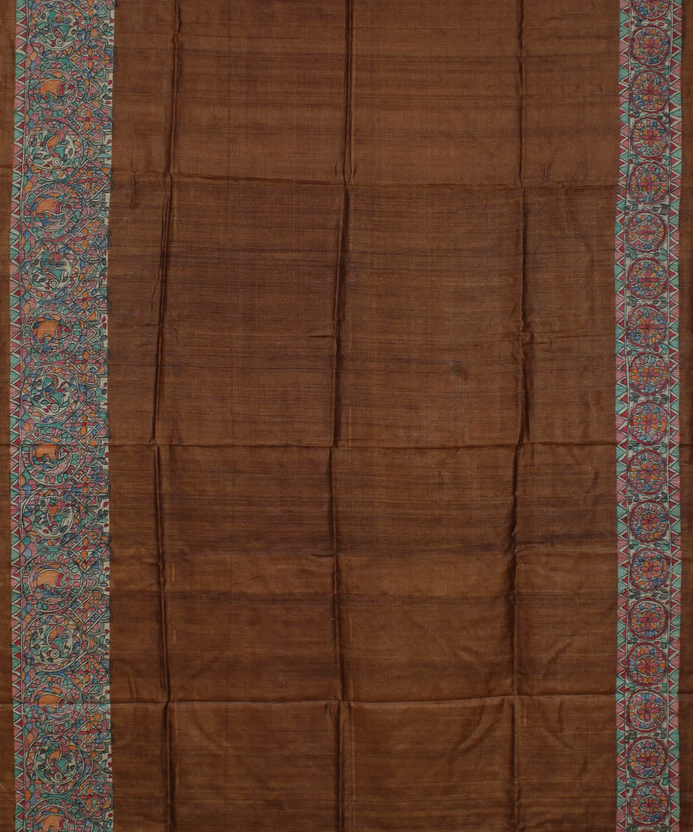 Pale brown tussar silk saree with handpainted madhubani art