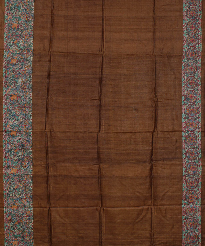 Pale brown tussar silk saree with handpainted madhubani art