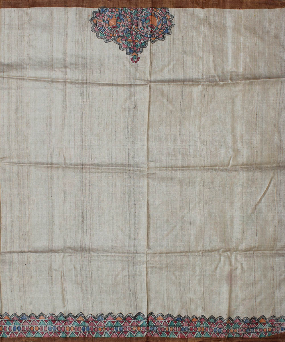 Pale brown tussar silk saree with handpainted madhubani art