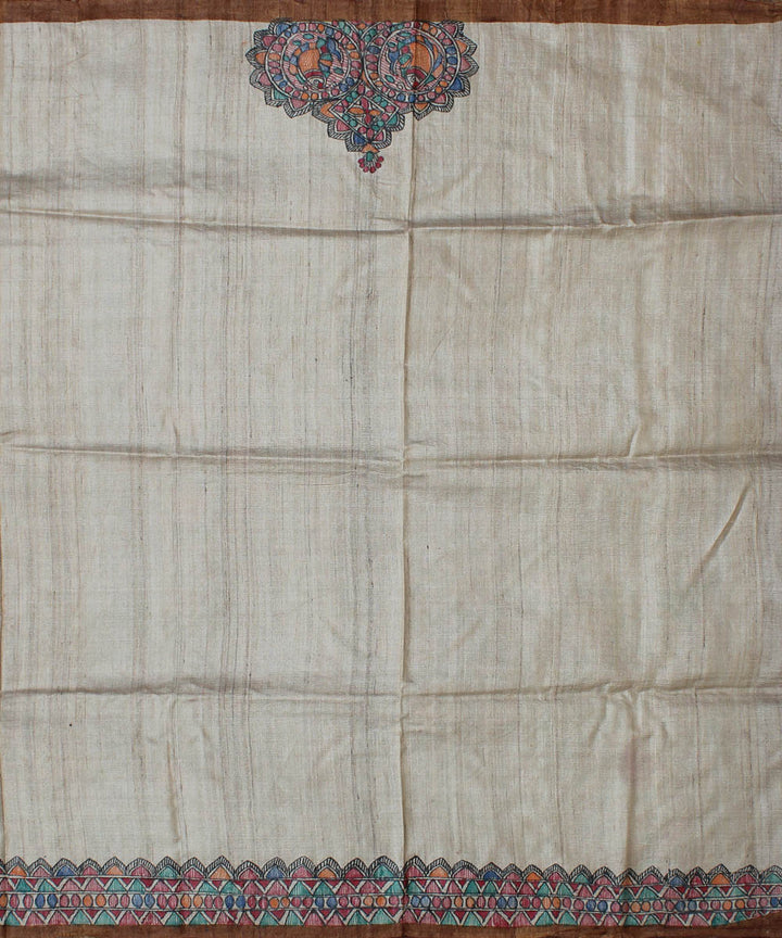 Pale brown tussar silk saree with handpainted madhubani art