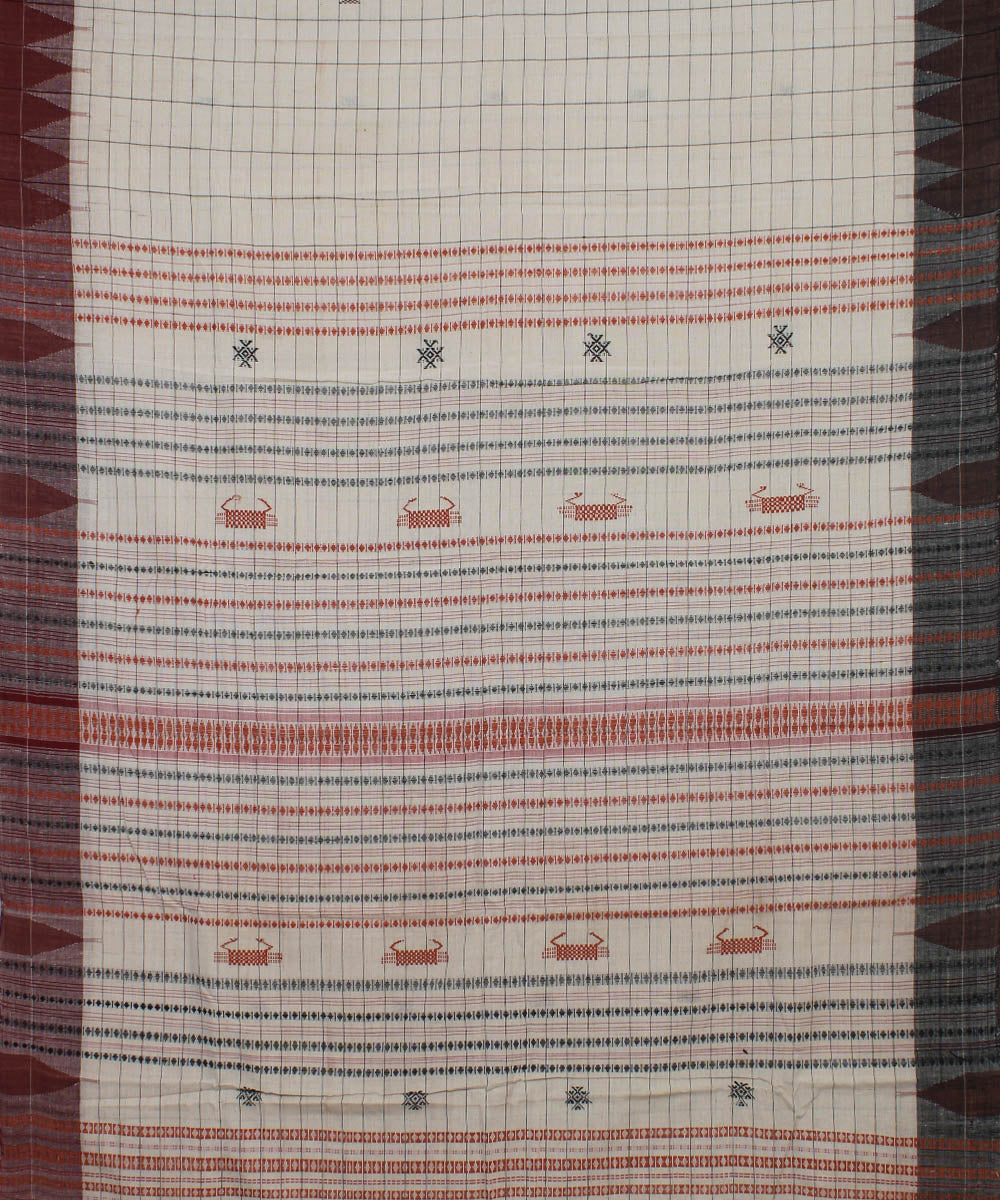 Beige red checks natural dyed handwoven cotton kotpad saree