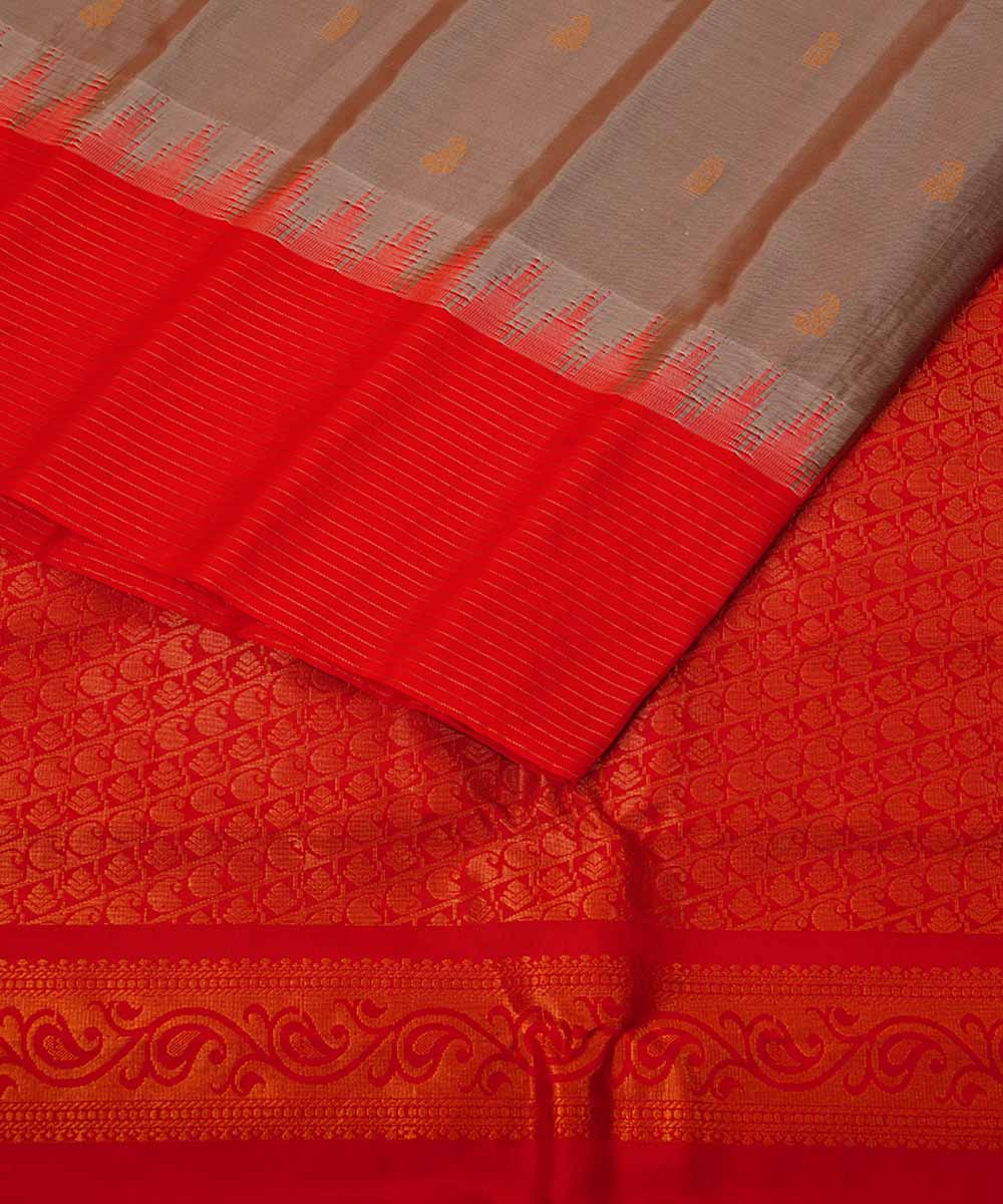 Grey red handwoven gadwal silk saree