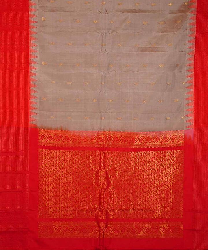 Grey red handwoven gadwal silk saree