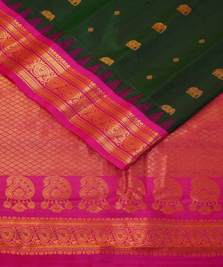 Dark green pink handwoven gadwal silk saree