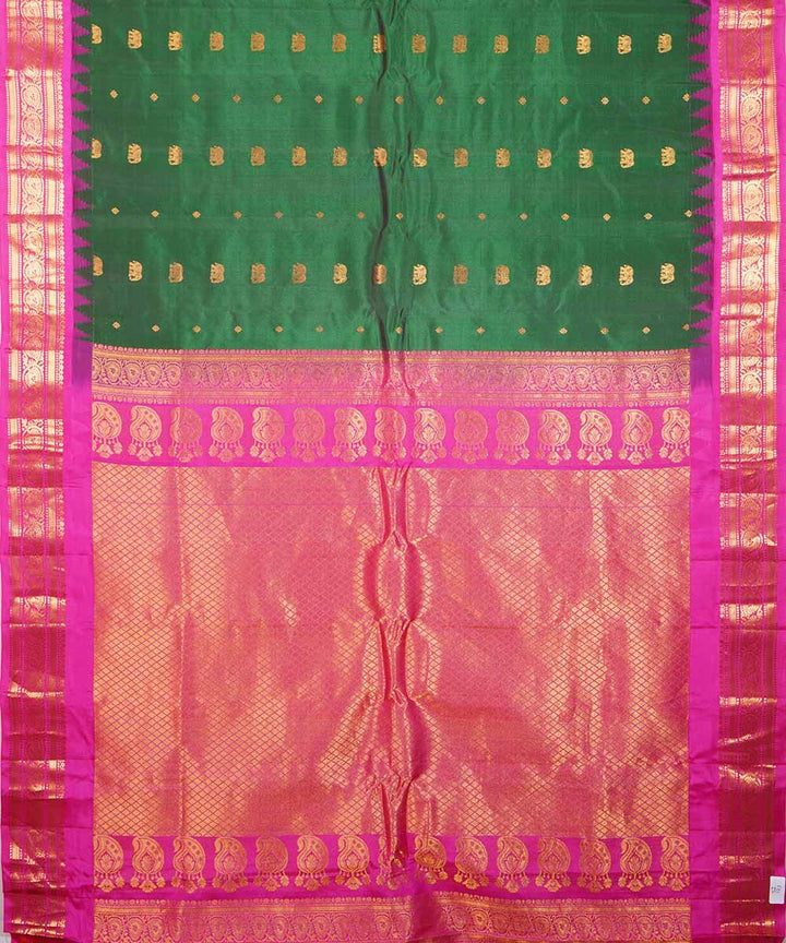 Dark green pink handwoven gadwal silk saree