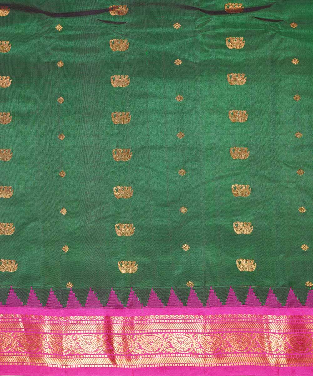 Dark green pink handwoven gadwal silk saree