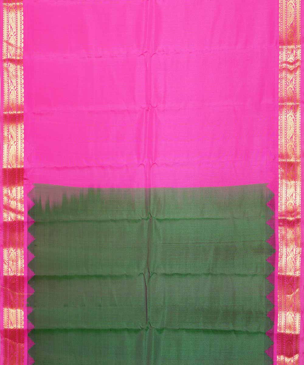 Dark green pink handwoven gadwal silk saree