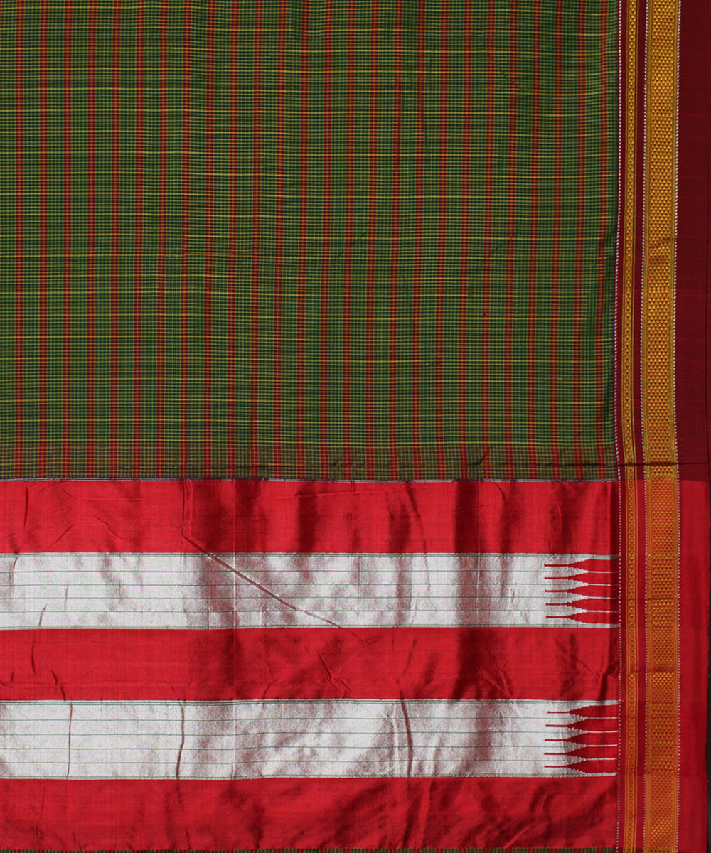 Green red handwoven cotton art silk chikki paras border ilkal sari