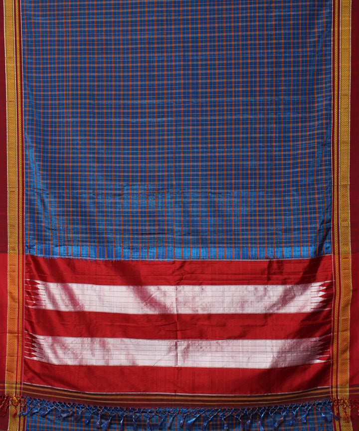 Duke blue red handwoven cotton art silk chikki paras border ilkal sari