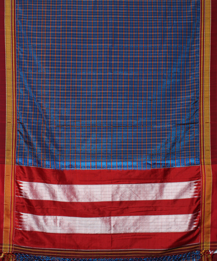 Indigo red handwoven cotton art silk chikki paras border ilkal sari